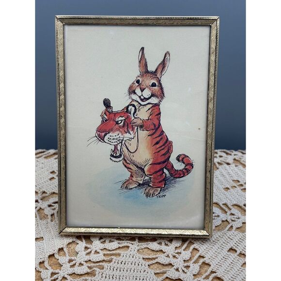 Vintage Wallace Tripp Rabbit Tiger Costume Print Card Framed 1974 Picture - Picture 1 of 5